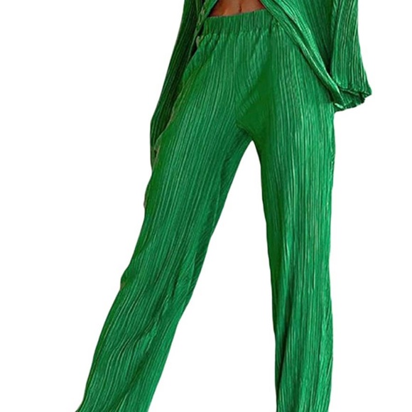 Wide Leg Pants Set, Casual Long Sleeve Button Down Shirt Linen Pants - Picture 3 of 3